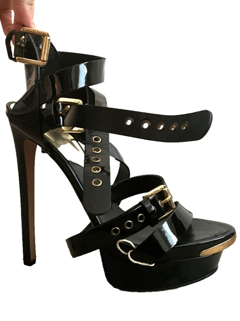 DSQUARED2 Black Leather Strappy Heels Gold Block Heel Made in Italy EU 40